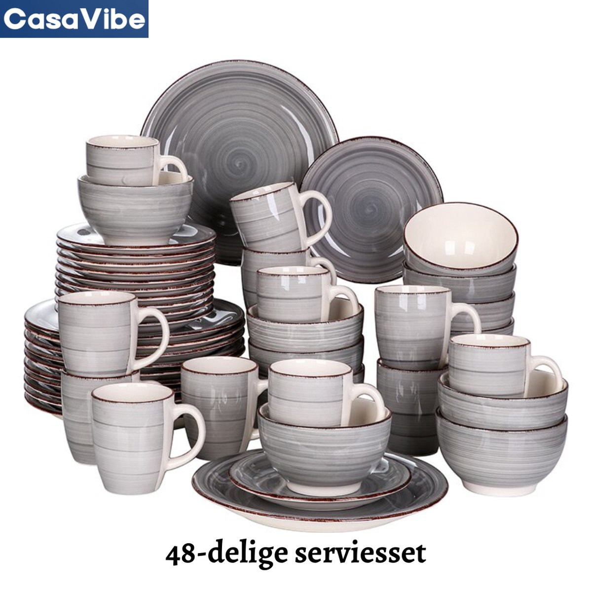CasaVibe Luxe Serviesset – 48 delig – 12 persoons – Porselein - Bordenset – Dinner platen – Dessertborden - Kommen - Mokken - Set - Grijs - Wit