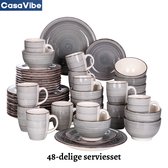 CasaVibe Luxe Tableware Set - 48 pièces - 12 personnes - Porcelaine - Service d'assiettes - Assiettes plates - Assiettes à Assiettes à dessert - Bols - Mugs - Set - Grijs - Wit