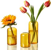 Kleine vaas set, bestaande uit 3 delen, amberkleurige cilinder, decoratieve glazen vazen voor tafeldecoratie bij bruiloftsfeesten, vintage glazen bloemenvazen voor woondecoratie, middenstukken.
