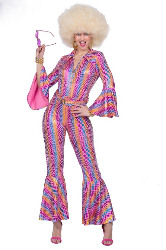 Wilbers & Wilbers - Hippie Kostuum - Luxe Disco Jaren 70 Roze Regenboog - Vrouw - Roze - Maat 36 - Carnavalskleding - Verkleedkleding