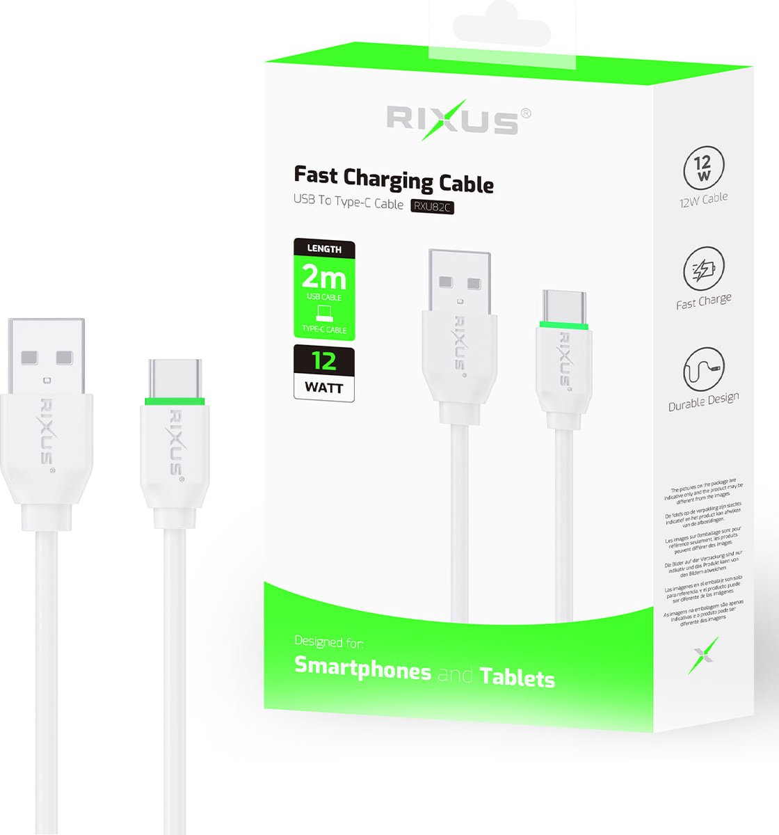 RIXUS - Boost Data Cable Type C 200cm Wit - Gegevenskabel - USB naar USB -C - 200 cm - Wit