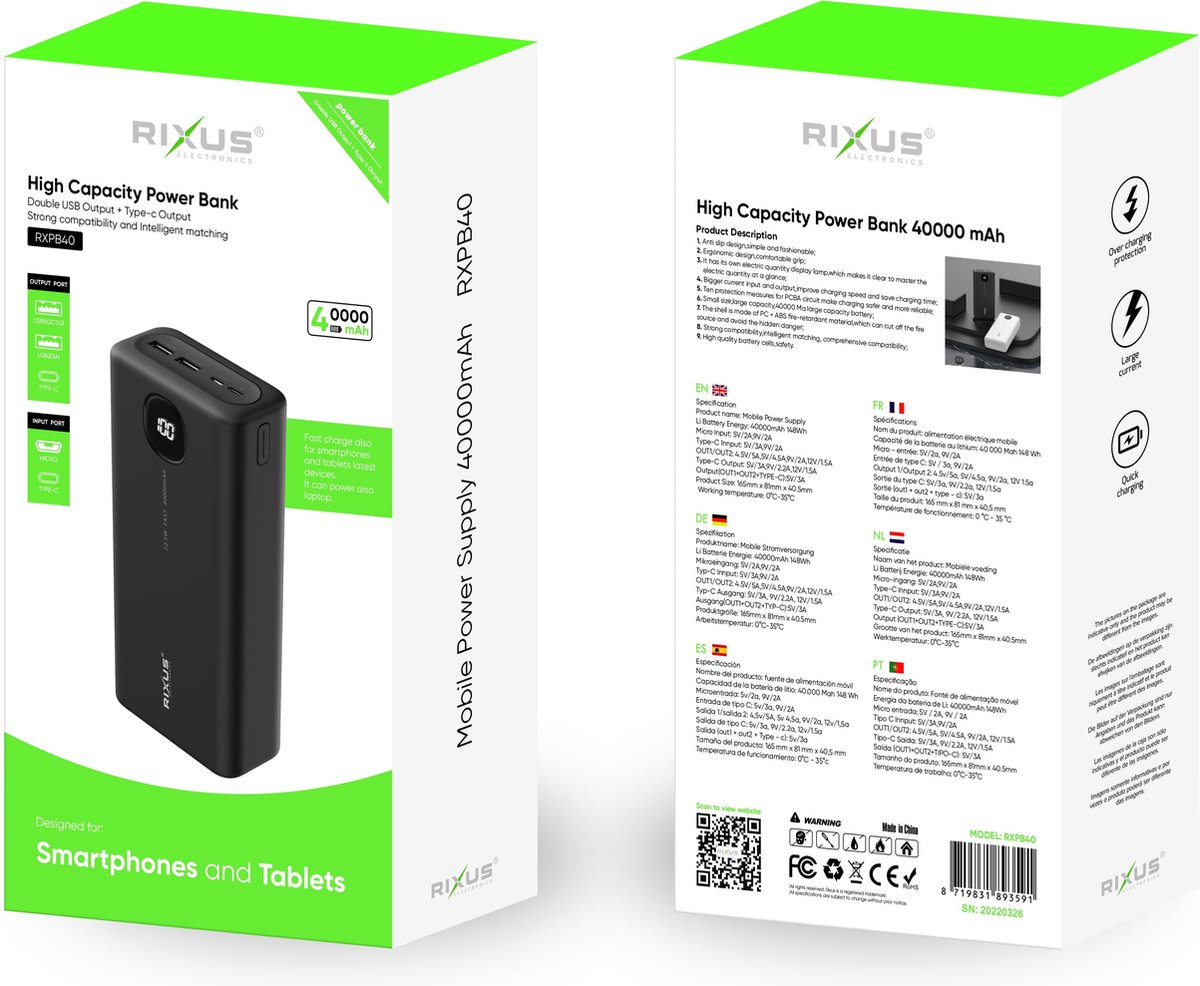Rixus Snellaad Powerbank 40.000 mAh met Batterij Indicator - Product - €59,95
