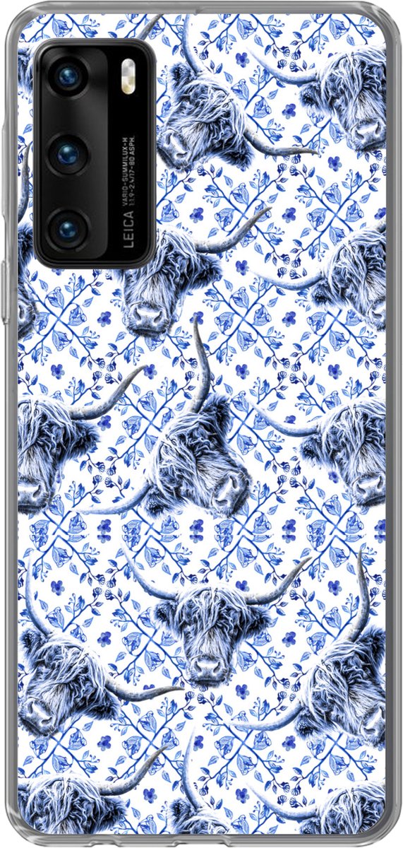 Telefoonhoesje Geschikt voor Huawei P40 hoesje - Delfts blauw - Dieren - Schotse hooglander - Siliconen Telefoonhoesje Telefoonhoesje