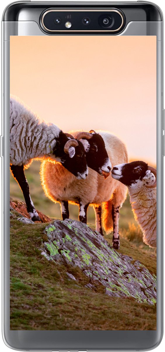 Telefoonhoesje Geschikt voor Samsung Galaxy A80 hoesje - Schapen - Dieren - Zonsondergang - Siliconen Telefoonhoesje Telefoonhoesje