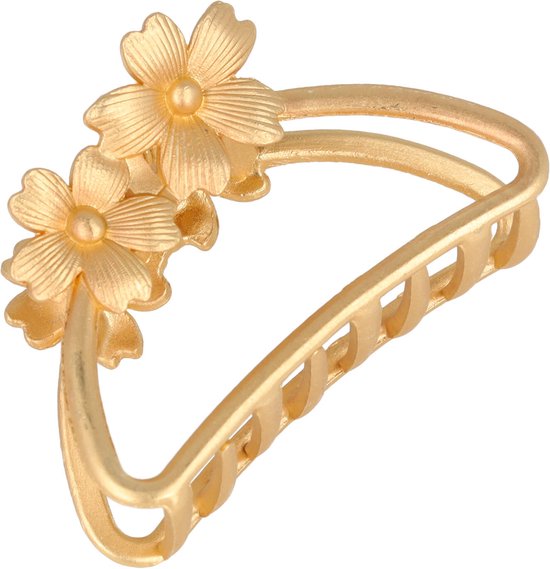 Pince à cheveux dorée en forme de triangle avec deux fleurs sur le dessus, dents en métal.