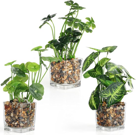 Kunstmatige plastic planten met transparante glazen potten (3 stuks). Kunstbloemen in pot voor plantendecoratie binnen en buiten, voor huis, tuin, bruiloft en kantoordecoratie.