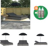vidaXL Loungebed met parasol poly rattan grijs Ligbed Inclusief Onderhoudsset