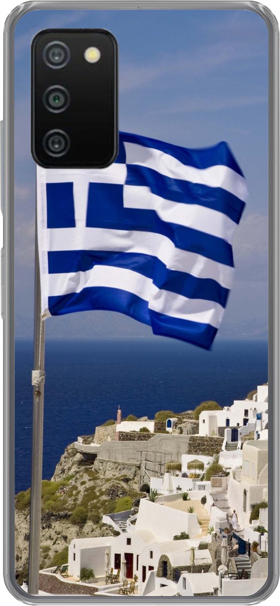 Telefoonhoesje Geschikt voor Samsung Galaxy A03s hoesje - Vlag Griekenland bij een dorp - Siliconen Telefoonhoesje Telefoonhoesje