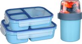 Lock&Lock Lunch Set - Tasse à yaourt et Boîtes repas - Boîte à bento - Tasse à muesli - Boîtes à collation - Pot à déjeuner - Avec compartiments - Adultes et Enfants - À Go - Sans fuite - Sans BPA - Blauw