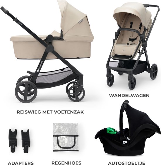 Kinderkraft NEWLY - 3-in-1 Kinderwagen - Geschikt tot 22 kg - Lichtgewicht (7,5 kg) - Incl. MINK PRO i-Size Autostoel - Opvouwbaar met Zitje - Amortiseerbare Wielen - UPF50+ Waterdichte Kap - 2 Richtingen Zitje - Accessoires Inclusief - Beige van Kinderkraft — afbeelding 2