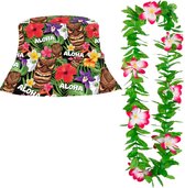 Carnaval verkleedset - Tropische Hawaii party - bucket hoedje - bloemenslinger roze - volwassenen