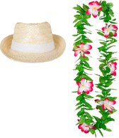 Carnaval verkleed set - Tropische Hawaii party - Ibiza strohoedje - en bloemenkrans groen/roze - voor volwassenen
