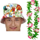 Carnaval verkleed set - Tropische Hawaii party - bucket hoedje - met bloemenslinger fuchsia roze - volwassenen