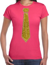 Bellatio Decorations Verkleed shirt dames - stropdas glitter goud - roze - carnaval - foute party XS