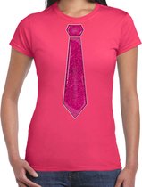 Bellatio Decorations Verkleed shirt dames - stropdas glitter roze - roze - carnaval - foute party S
