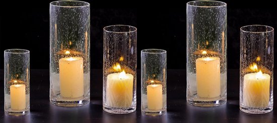 Orkaan Kaarsenhouder: 6 stuks glazen kandelaars voor pijler of drijvende kaarsen, glazen cilindervaas voor tafel middenstuk, heldere kaarsenhouder met bubbels voor bruiloft feest evenementen