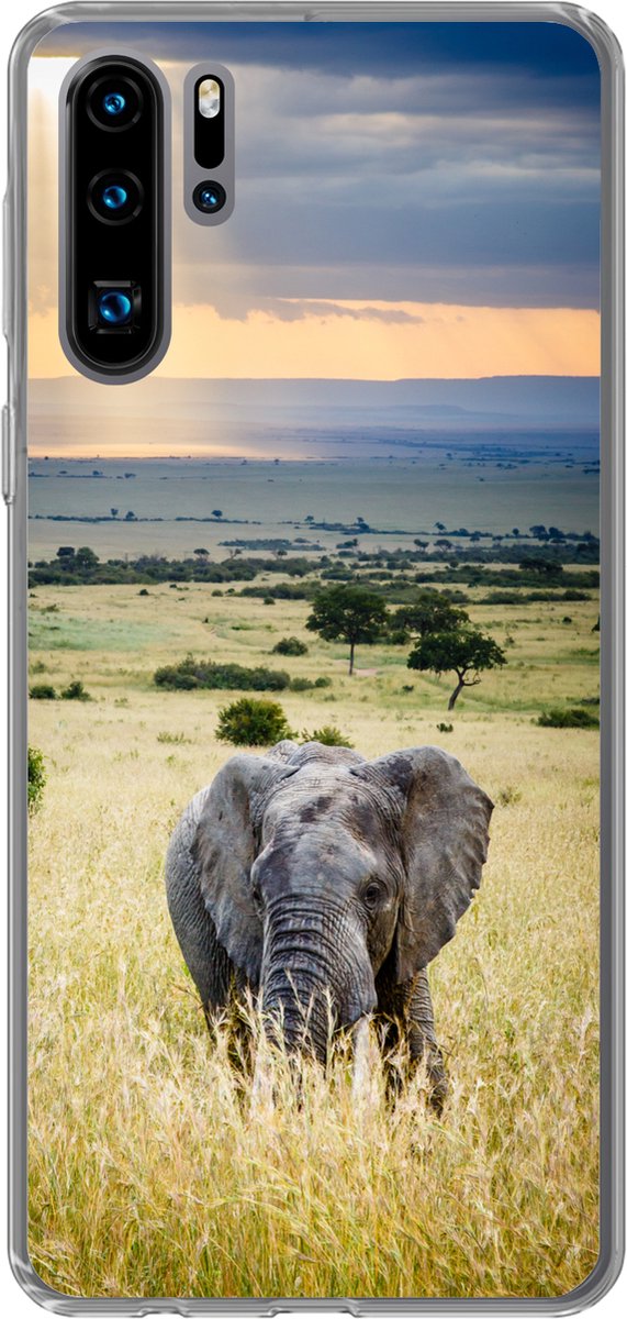 Telefoonhoesje Geschikt voor Huawei P30 Pro hoesje - Olifant - Dieren - Landschap - Zon - Natuur - Siliconen Telefoonhoesje Telefoonhoesje