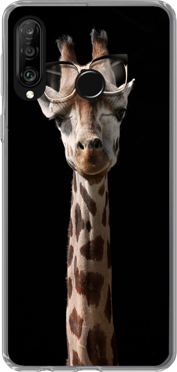 Telefoonhoesje Geschikt voor Huawei P30 Lite hoesje - Giraffe - Bril - Zwart - Siliconen Telefoonhoesje Telefoonhoesje