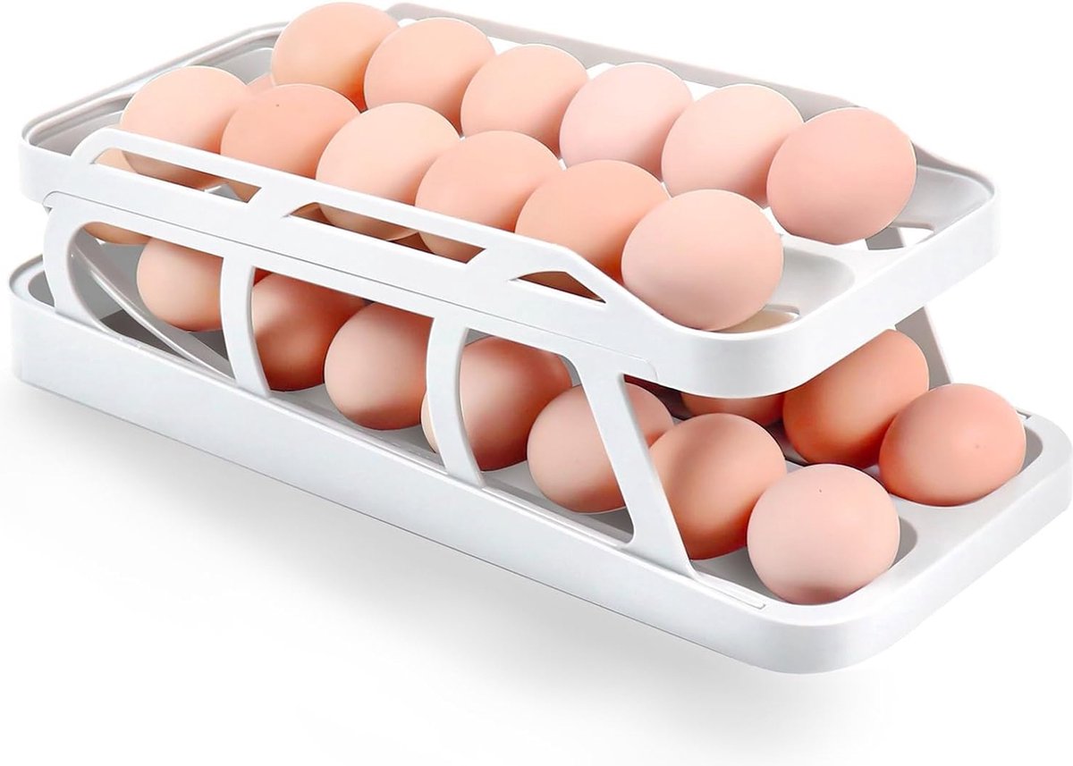 Eierhouder Dispenser - Dubbele Rijen - Automatische Eierroller - Koelkast - Rollende Eieropslag met 2 Etages - Ruimtebesparende Eierhouder voor Koelkast (Wit) (Wit - 2 Rijen en 2 Etages)