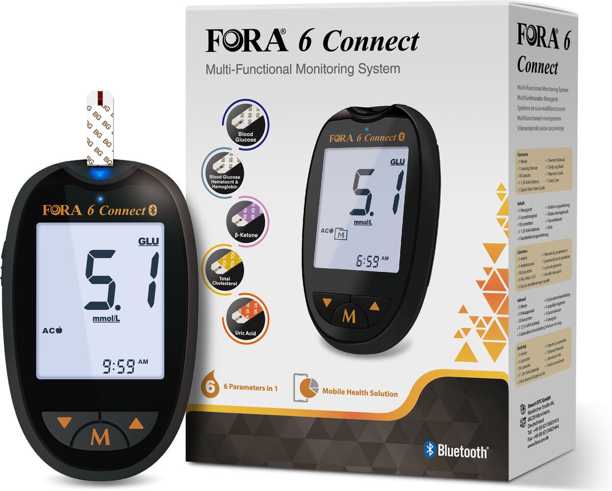 ForaCare Suisse - Fora 6 Connect - Multi monitoringsysteem - Cholesterol meter - Cholesterol testen - Bloedsuikermeter - Ketonenmeter - Urinezuurmeter - Hematocriet meten - Hemoglobine meten. Excl. teststrips - ForA