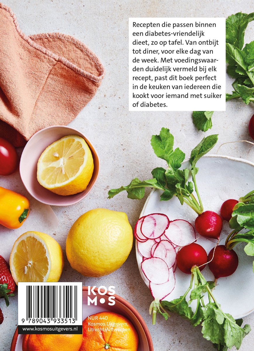 Diabetes Keukenhelden receptenboek achterkant met citroenen, aardbeien, radijsjes en sinaasappels.