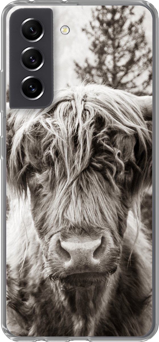 Telefoonhoesje Geschikt voor Samsung Galaxy S21 FE hoesje - Schotse hooglander - Koe - Dieren - Zwart - Wit - Siliconen Telefoonhoesje Telefoonhoesje