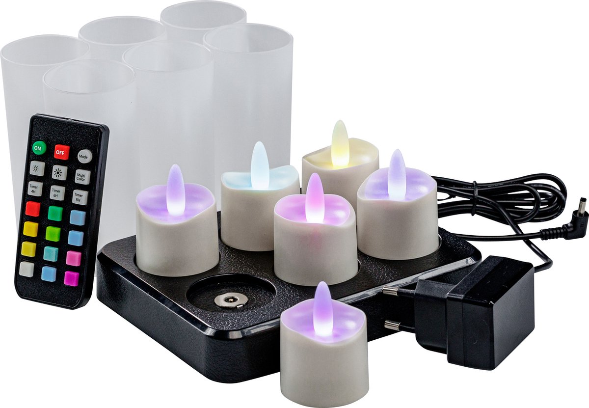 RGB LED-Waxine/theelichtjes waterdicht 68 uur oplaadbaar (6 stuks) met afstandsbediening