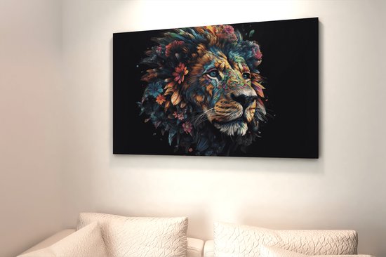 Canvas Schilderij Dieren - Leeuw Met Bloemen