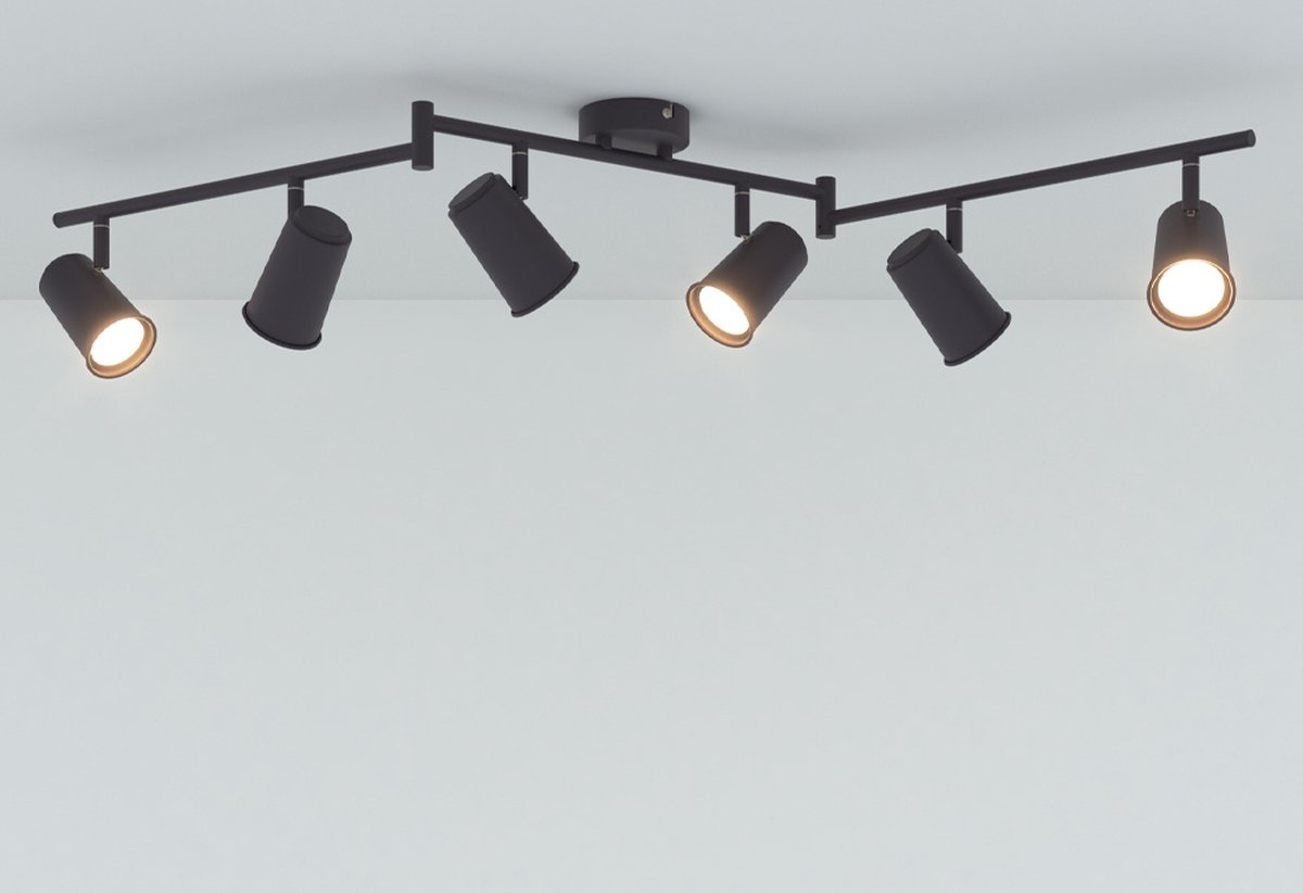 HOFTRONIC – Riga Zwarte LED plafondlamp 6 spots – kantelbaar en draaibaar – opbouwspots zwart – GU10 - 4000K neutraal wit - Plafondspots - IP20 - woonkamer en gang - HOFTRONIC