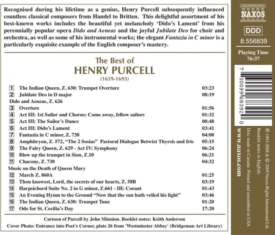 Achterkant albumhoes met tracklist van "The Best of HENRY PURCELL (1659-1695)" en barcode.