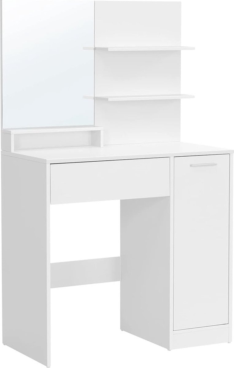 Vasagle Kaptafel, kaptafel met spiegel, 1 lade, 2 planken, opbergkast, make-up organizer, wit