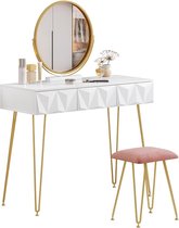 Kaptafel met kruk en spiegel, 360 graden draaibaar, make-up-spiegel, kaptafel met 3 laden, gevoerde fluwelen kruk, 3D-effect lade, wit en goud
