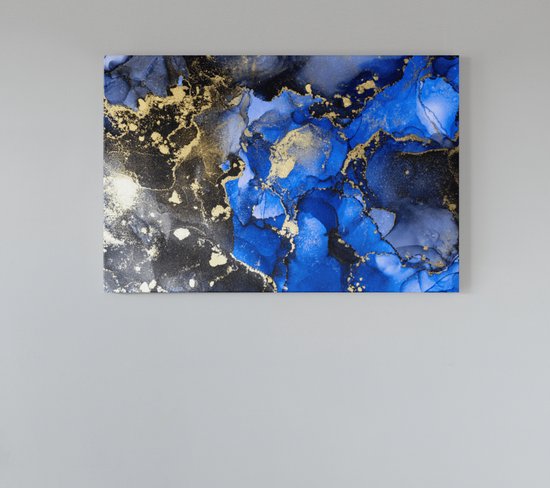 Canvas Schilderij - Abstract - Zwart - Blauw - Wall Art - 90x60x2 cm