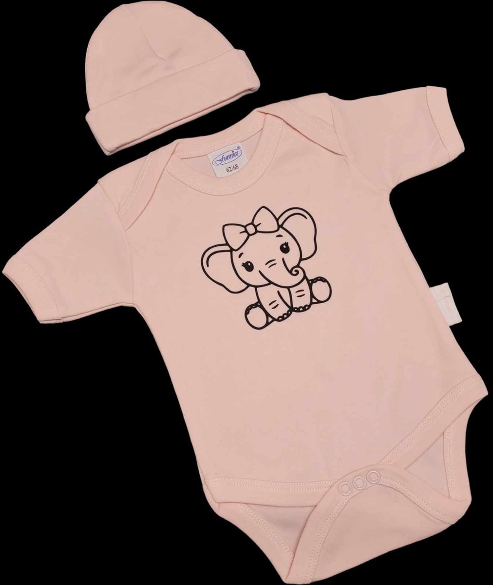 Goedkoopste Kraamcadeau - Setje - Romper en muts - olifant - maat 62/68 - roze