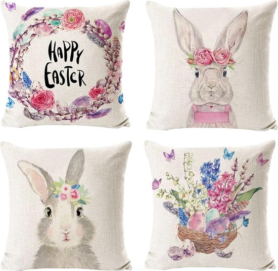 XHONG Pasen kussenhoezen Set van 4 Pasen Decoratieve Paashaas Gooi Kussenslopen Kussensloop Pasen Eieren Bunny Katoen Linnen Gooi Kussenslopen voor Bank Woondecoratie