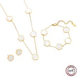 Set collier, bracelet et boucles d'oreilles trèfle Soraro | Plaqué Or 18 carats | Blanc | Bracelet | trèfle à 5 feuilles | La chance | Chaîne | Boucle d'oreille | Cadeau de dames | Fête des mères | Cadeau de fête des mères