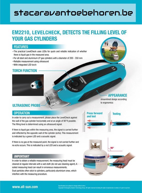 Flyer met de Allosun EM2210 gasfles inhoud meter, blauw en zwart, met afbeeldingen van gebruik.