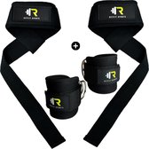 ReyFit Sports - 2x Lifting Straps + 2x Ankle Straps Bundel - Deadlift Straps + Enkelband Fitness - Fitness Accessoires - Inclusief Draagtas - Zwart