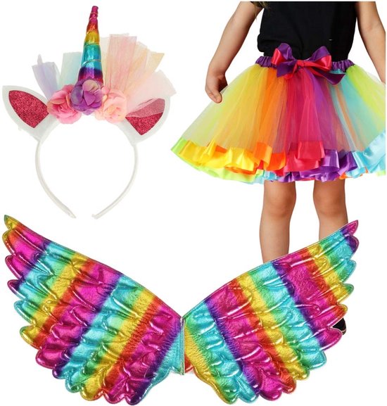 Unicorn Kostuum - Eenhoorn Verkleedkleding - Regenboog Tule Rok - Diadeem met Hoorn en Tule - Rainbow Vleugels - Ideaal voor Carnaval