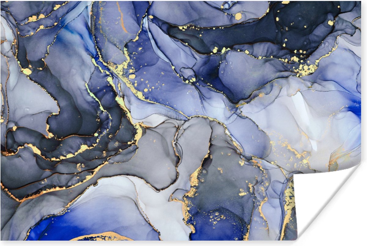 Poster Marmer - Goud - Abstract - Blauw - 120x80 cm