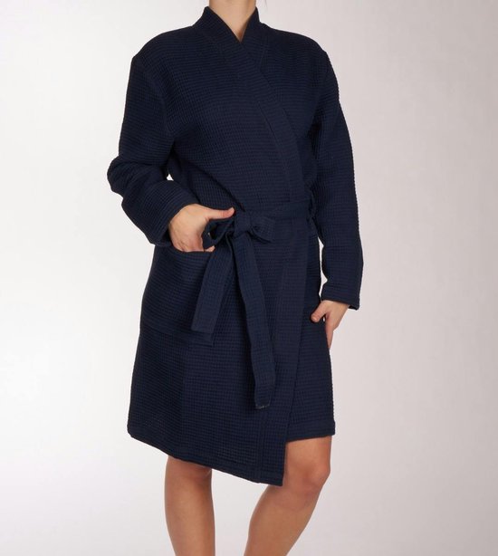 SCHIESSER Essentials badjas - dames badjas wafelpique donkerblauw - Maat: XL