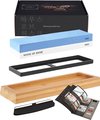 House of Husk slijpsteen set met blauwe 1000 grit en witte 6000 grit steen, bamboe basis, zwarte houder en handleiding.