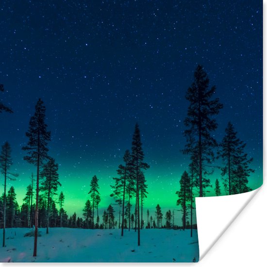 Poster Noorderlicht - Sneeuw - Bomen - Natuur - Groen - 30x30 cm