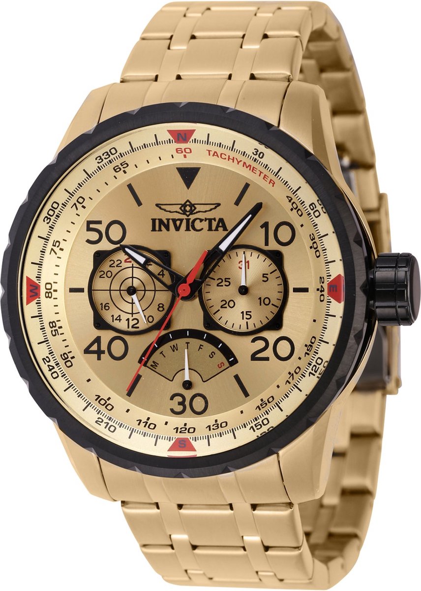 Invicta Aviator 46984 Heren Horloge - Waterdicht - Analoog - Quartz Uurwerk - Roestvrij Staal met gouden Wijzerplaat -48mm