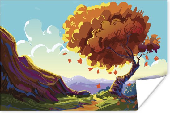 Une illustration d'un grand arbre avec un fond coloré poster 90x60 cm - Tirage photo sur Poster (décoration murale salon / chambre) / Poster Arbres