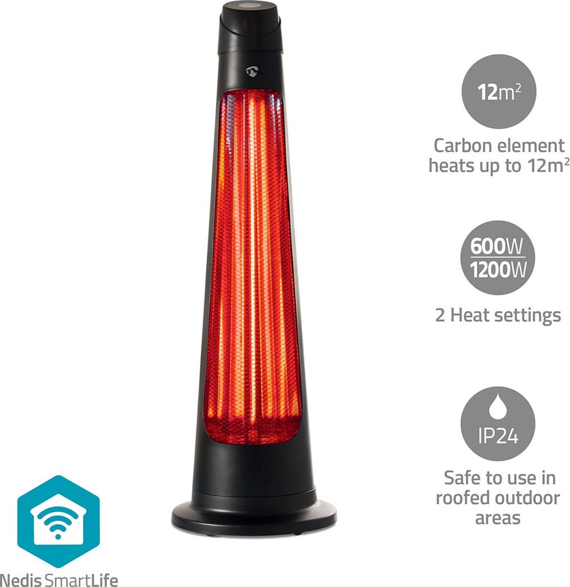 Nedis SmartLife Patio Verwarmer - Wi-Fi - 1200 W - 2 Warmte Standen - Zwenkfunctie - Omvalpreventie - IP24 - Zwart