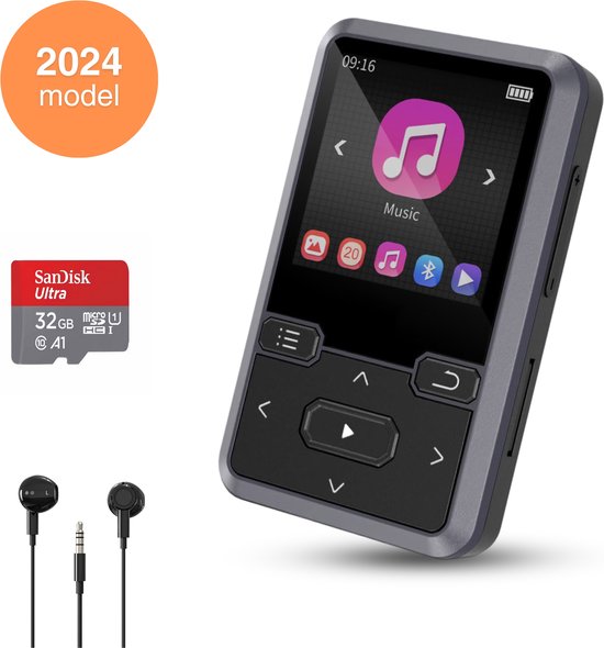 Avalect MP3 Speler met FM Radio en Bluetooth - Incl. Oordopjes - 32GB Geheugen + 32GB SD Kaart - met Clip -Stappelteller - Voice Recorder - Zwart