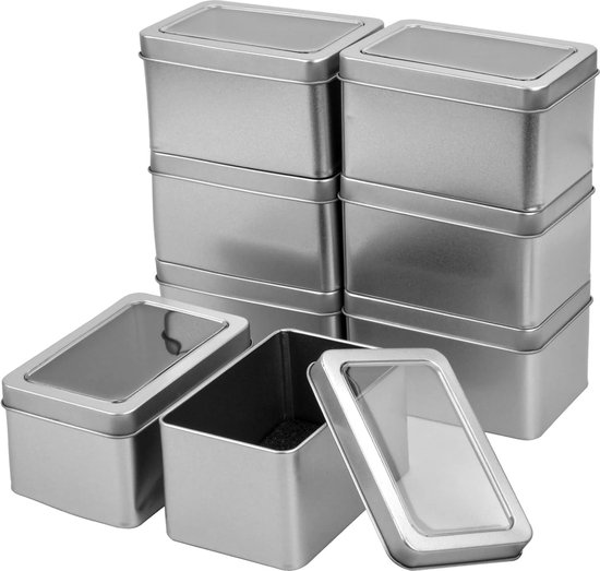 Foto: Rechthoekige metalen blikken set van 8 lege vierkante zilveren metalen blikken met helder venster metalen opbergdoos met deksel klein zilver mini metalen doos lege scharnierdozen containers