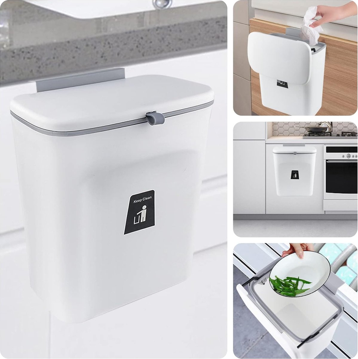 Goedkoopste 9L compostcontainer, keukenafvalbak met deksel, kleine hangende container, werkblad of onder gootsteen, geurbestendig afval, organische plastic opslagcontainer (wit