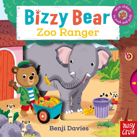 Bizzy Bear Zoo Ranger. Un ours avec une casquette et une veste verte donne une banane à un éléphant. Un éléphant avec un panier de fruits. Avec des curseurs à pousser et à tirer.